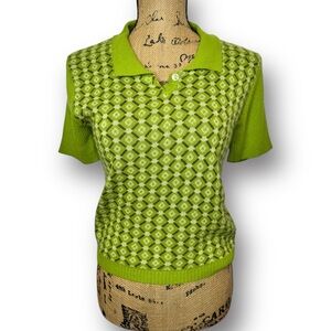 Vintage Y2K Mudd Juniors M Green Argyle Plaid Collared Short Sleeve Polo Top